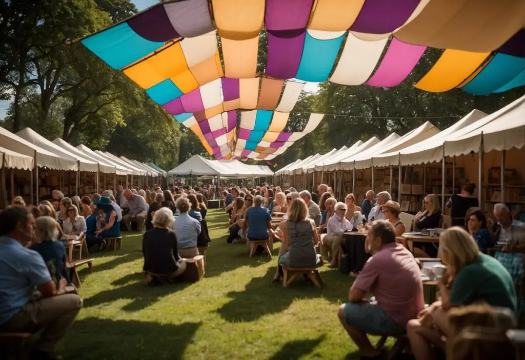 Attendees browsing book stalls at Henley Literary Festival, surrounded by colorful banners and a bustling atmosphere