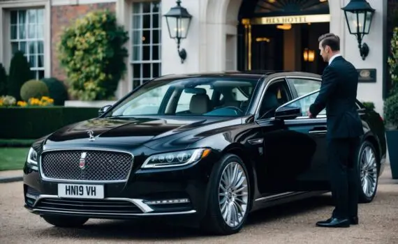 A sleek, black luxury sedan pulls up to a grand hotel entrance in Henley-on-Thames, with a chauffeur opening the door for a corporate traveler