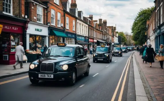 A bustling market street lined with colorful shops and stalls, as a taxi pulls up to drop off passengers eager to explore Henley's local businesses