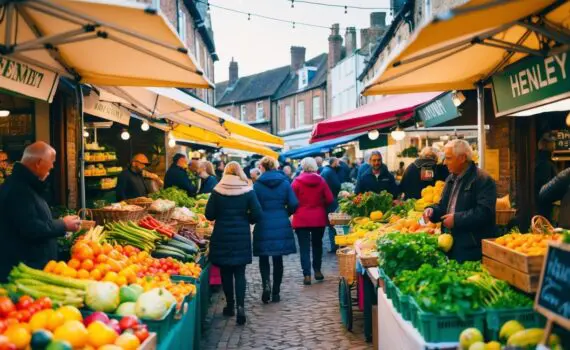 A bustling farmers market with colorful stalls selling fresh fruits, vegetables, and local artisanal products in the heart of Henley-on-Thames