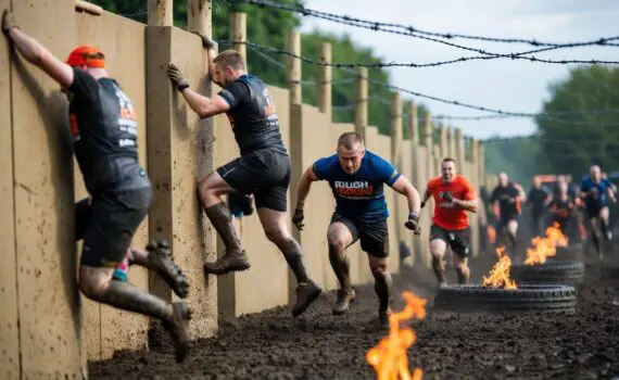 A group of participants navigate through a muddy obstacle course, climbing walls, crawling under barbed wire, and jumping over fire pits at Tough Mudder London West 2025