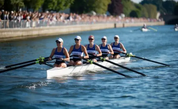 A rowing team crosses the finish line at the Henley Women's Regatta, cheered on by spectators lining the riverbank