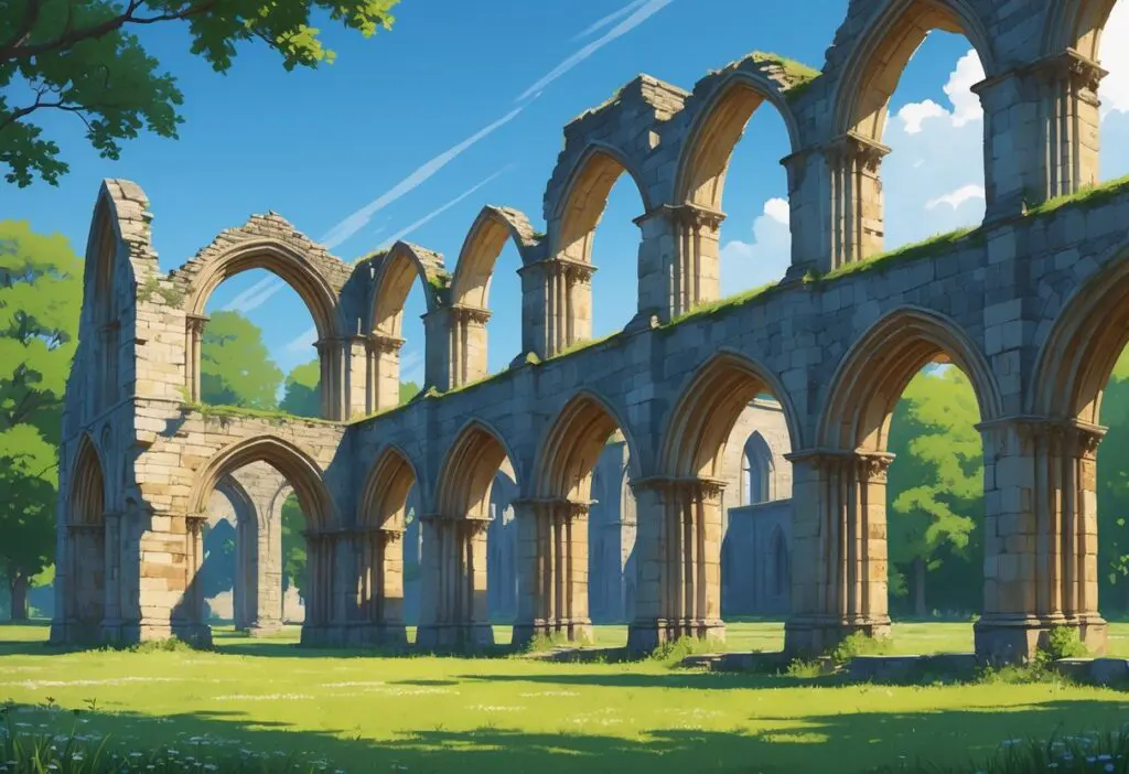 Stone ruins of Reading Abbey with arches and walls surrounded by grass and trees under a blue sky.