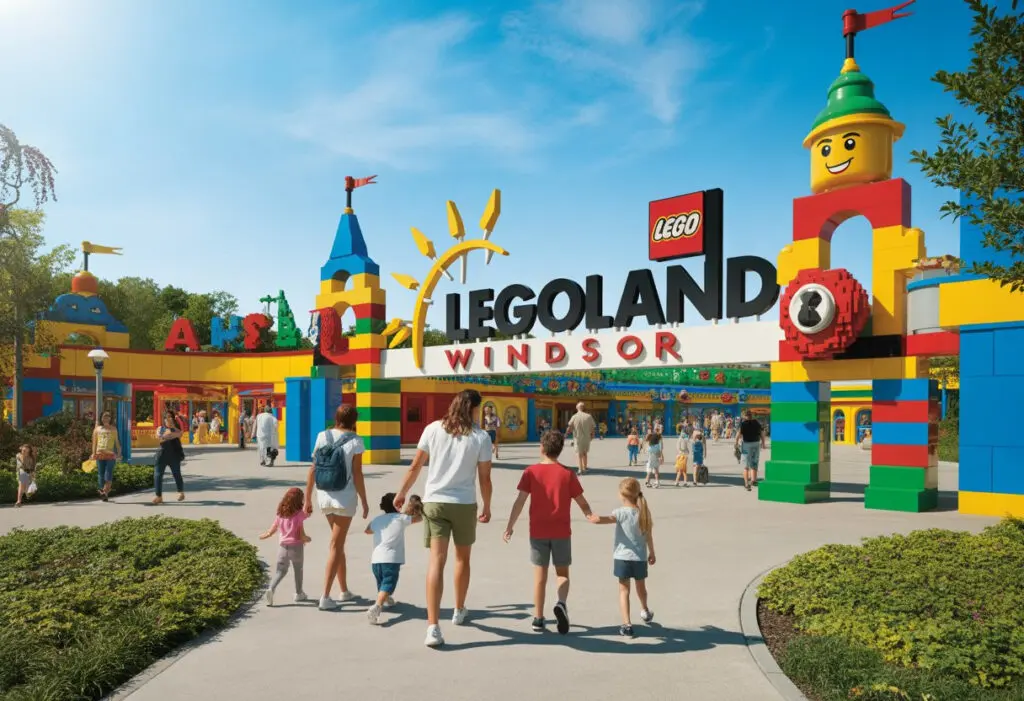 Entrance area of LEGOLAND Windsor Resort with colourful LEGO sculptures and families walking along pathways on a sunny day.