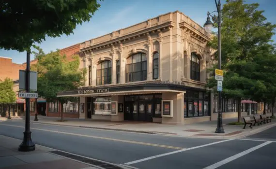 Exterior view of the Kenton Theatre building on a quiet street with trees and clear pedestrian access.
