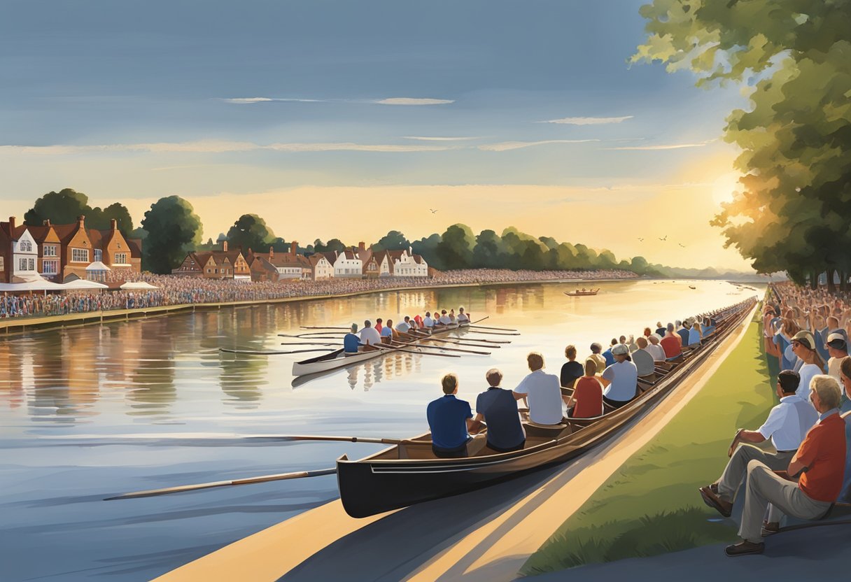 The sun sets over the tranquil river as rowing boats glide past the historic Henley Regatta course. Spectators line the banks, cheering on the competitors as they race towards the finish line