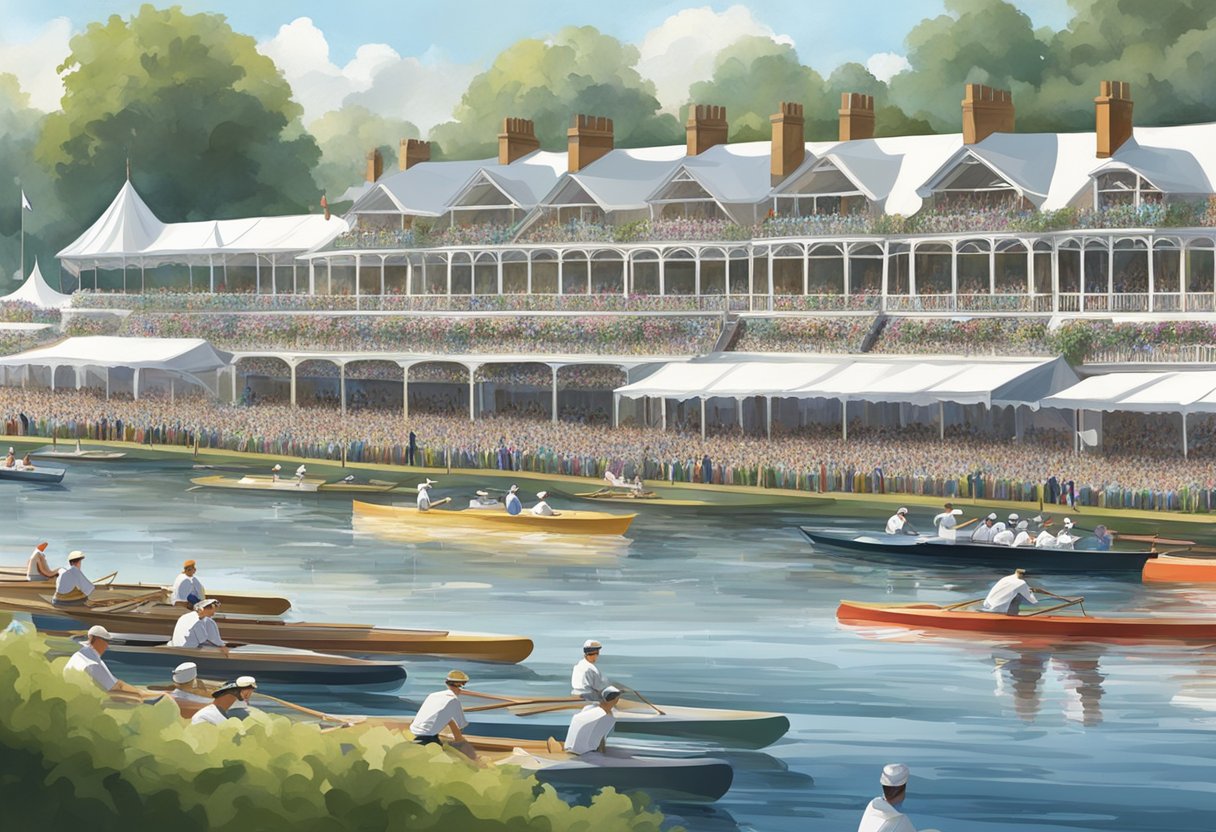 The Henley Regatta is a well-organized event with rows of boats lining the river, spectators cheering from the banks, and a clear structure of races and competitions