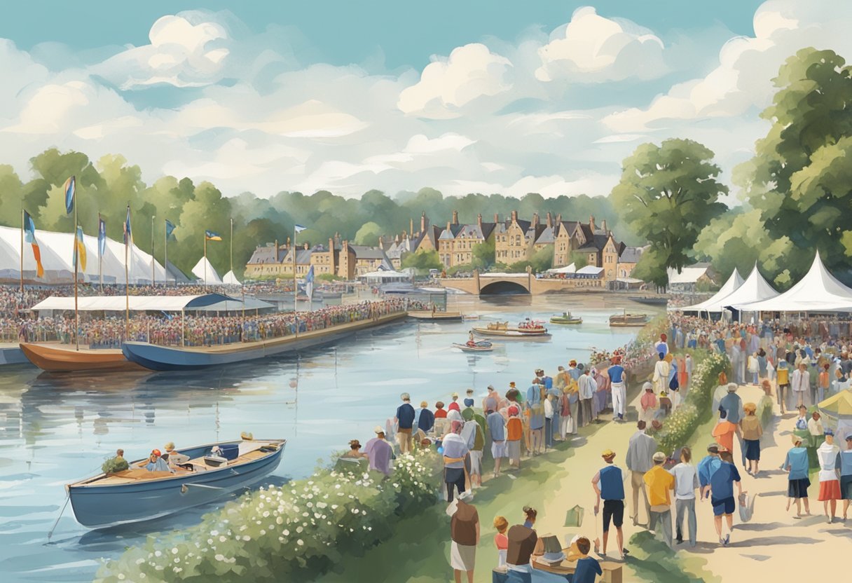The Henley-on-Thames Locale during the Regatta: boats racing down the river, crowds lining the banks, marquees and tents set up along the shore
