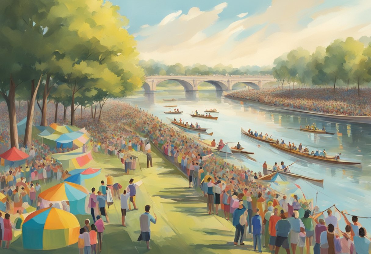 Crowds line the riverbank, cheering as sleek rowing boats glide past. Bunting flutters in the breeze, and colorful tents dot the landscape. The atmosphere is one of excitement and celebration