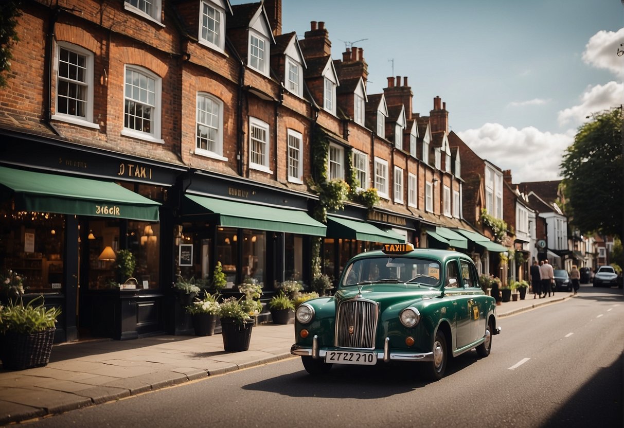 A taxi drives past riverside eateries, quaint cafes, and fine dining establishments in Henley-on-Thames, showcasing the diverse local cuisine