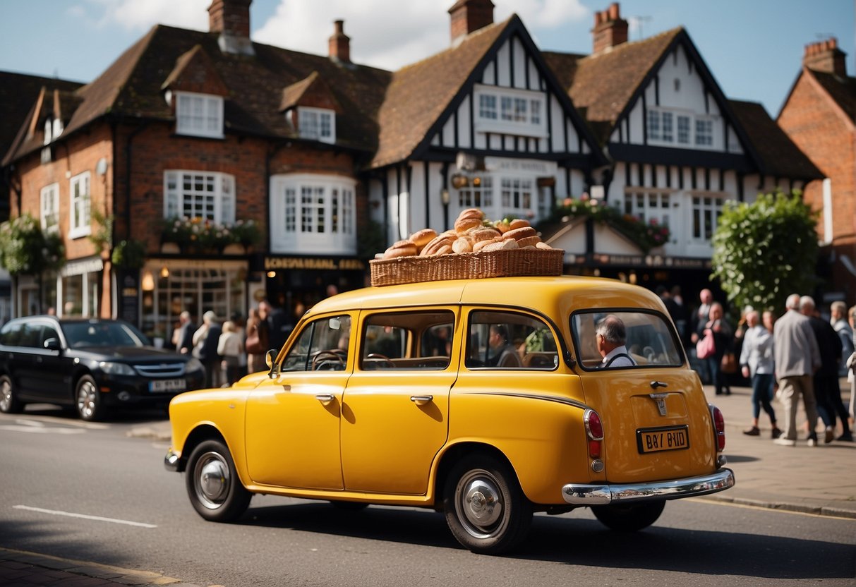 The taxi winds through Henley-on-Thames, passing by charming restaurants and cafes. The aroma of freshly baked bread and sizzling meats fills the air, while locals and tourists alike savor the culinary delights of the town