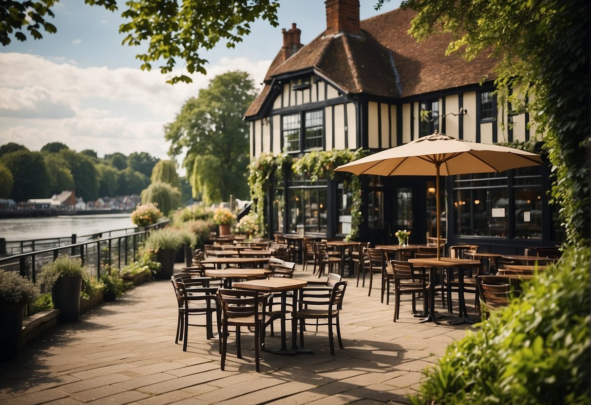 A picturesque riverside gastropub with outdoor seating, surrounded by lush greenery and overlooking the serene waters of Henley-on-Thames