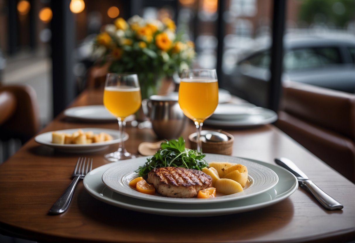 A table set with classic British dishes at a top restaurant in Henley-on-Thames. A taxi waits outside, ready to tour the local cuisine