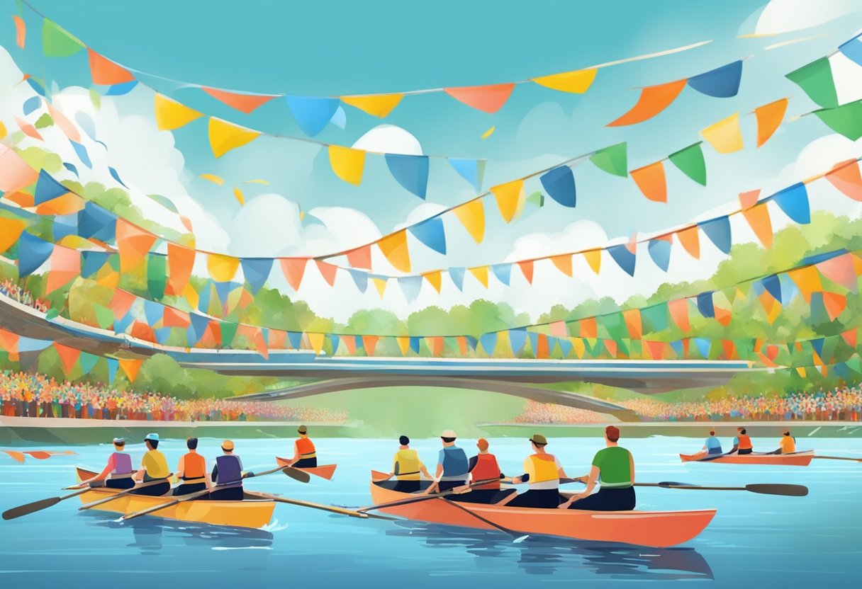 The rowing boats of the Henley Regatta glide gracefully down the river, surrounded by cheering spectators and colorful banners fluttering in the breeze