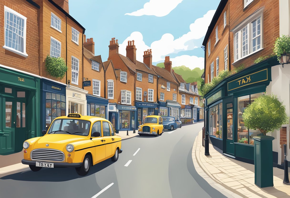 A taxi driving through the charming streets of Henley-on-Thames, passing by quaint shops and picturesque riverside views, with a focus on cost-effective booking tips