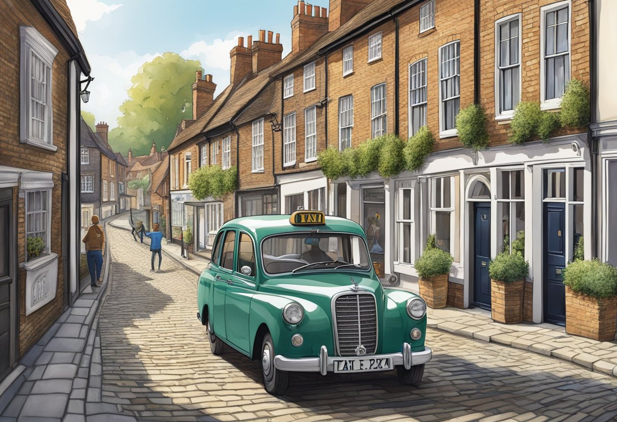 A taxi pulling up to a quaint cobblestone street in Henley-on-Thames, with a passenger waving from the sidewalk to flag it down