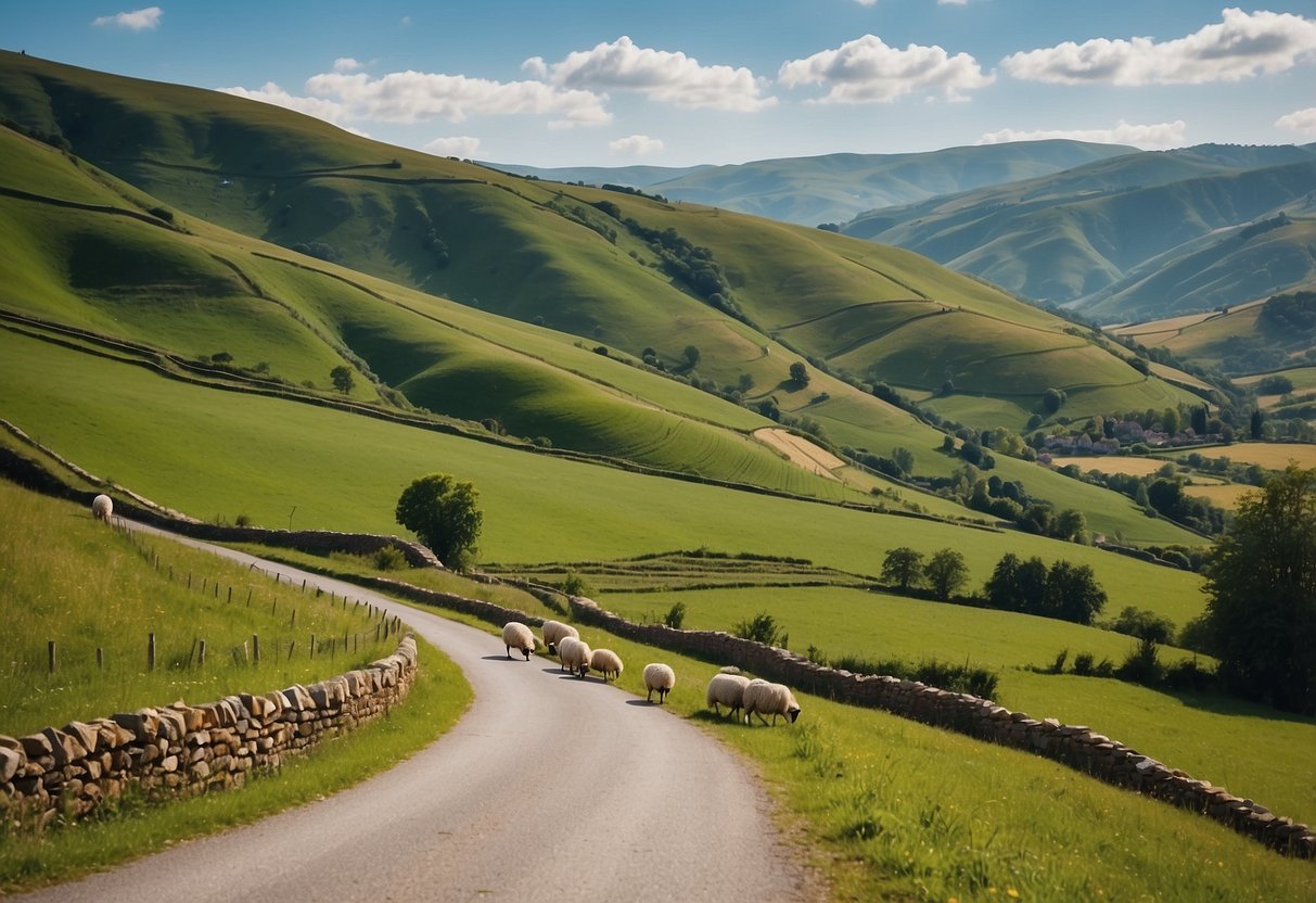 Rolling green hills dotted with sheep, a winding country road, and a quaint village nestled in the valley. A clear blue sky with fluffy white clouds completes the serene scene