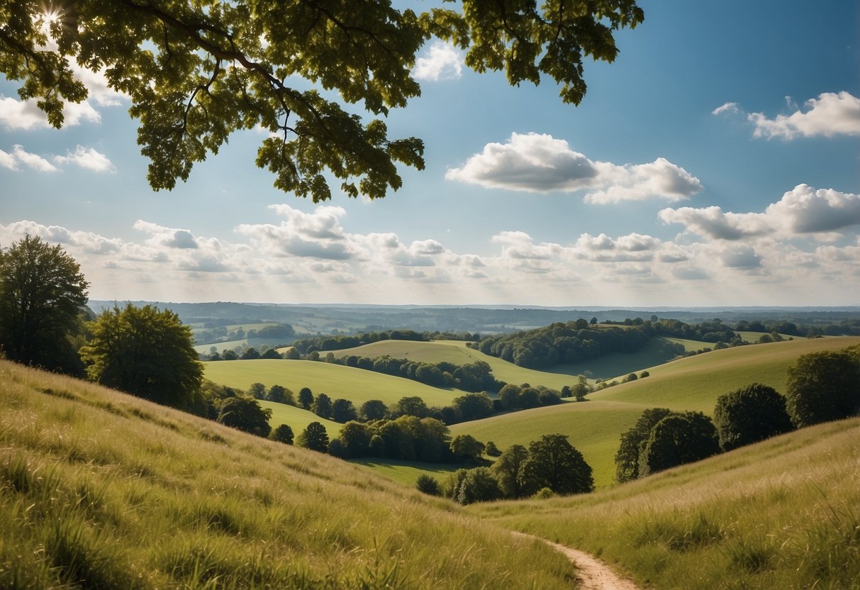 Rolling hills, lush greenery, winding trails, and a clear blue sky overhead. A serene landscape of the Chiltern Hills, perfect for a day trip