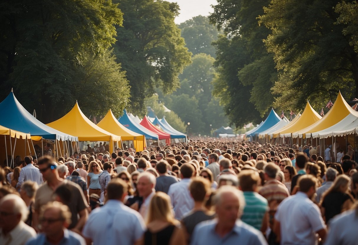 The Henley Festival features a picturesque riverside setting with colorful tents, lively music stages, and a bustling crowd enjoying food and drinks