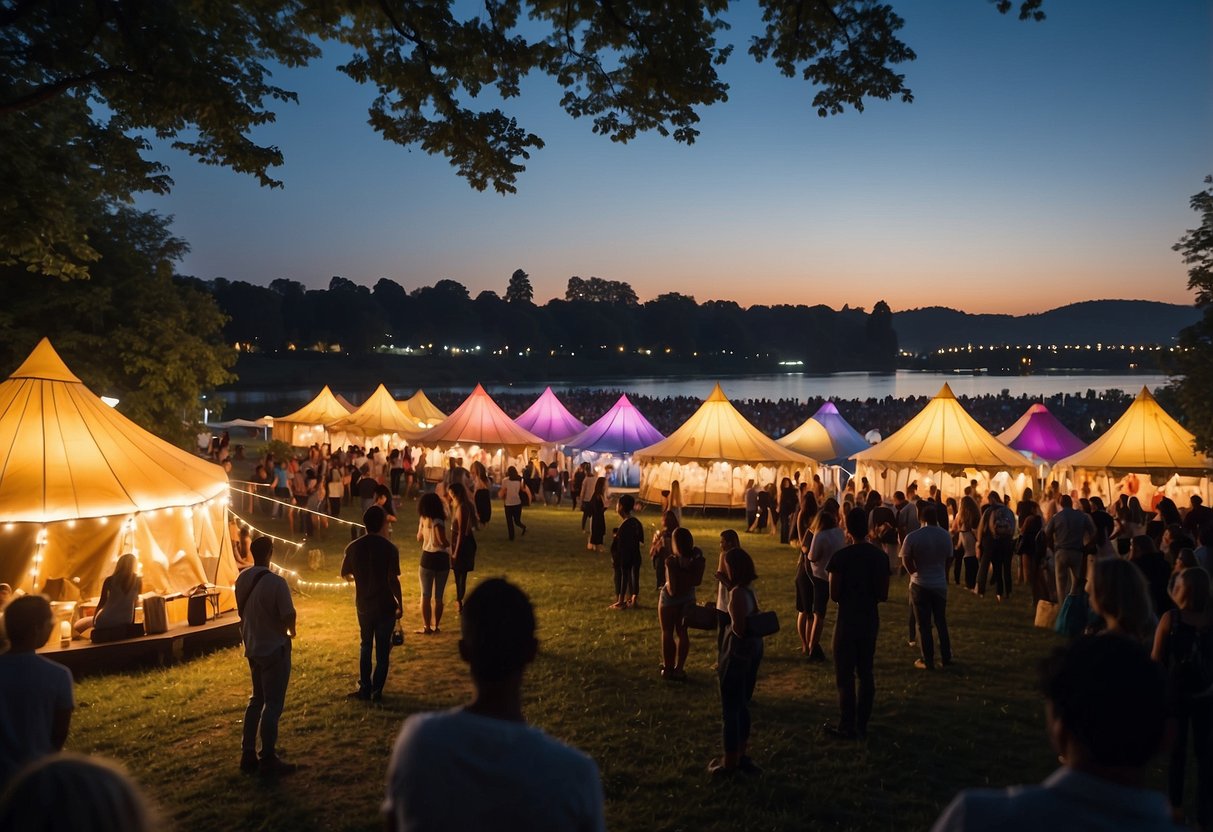 Vibrant festival grounds with colorful tents, live music, and art installations. People enjoying food and drinks by the riverside. Exciting atmosphere with fireworks lighting up the night sky