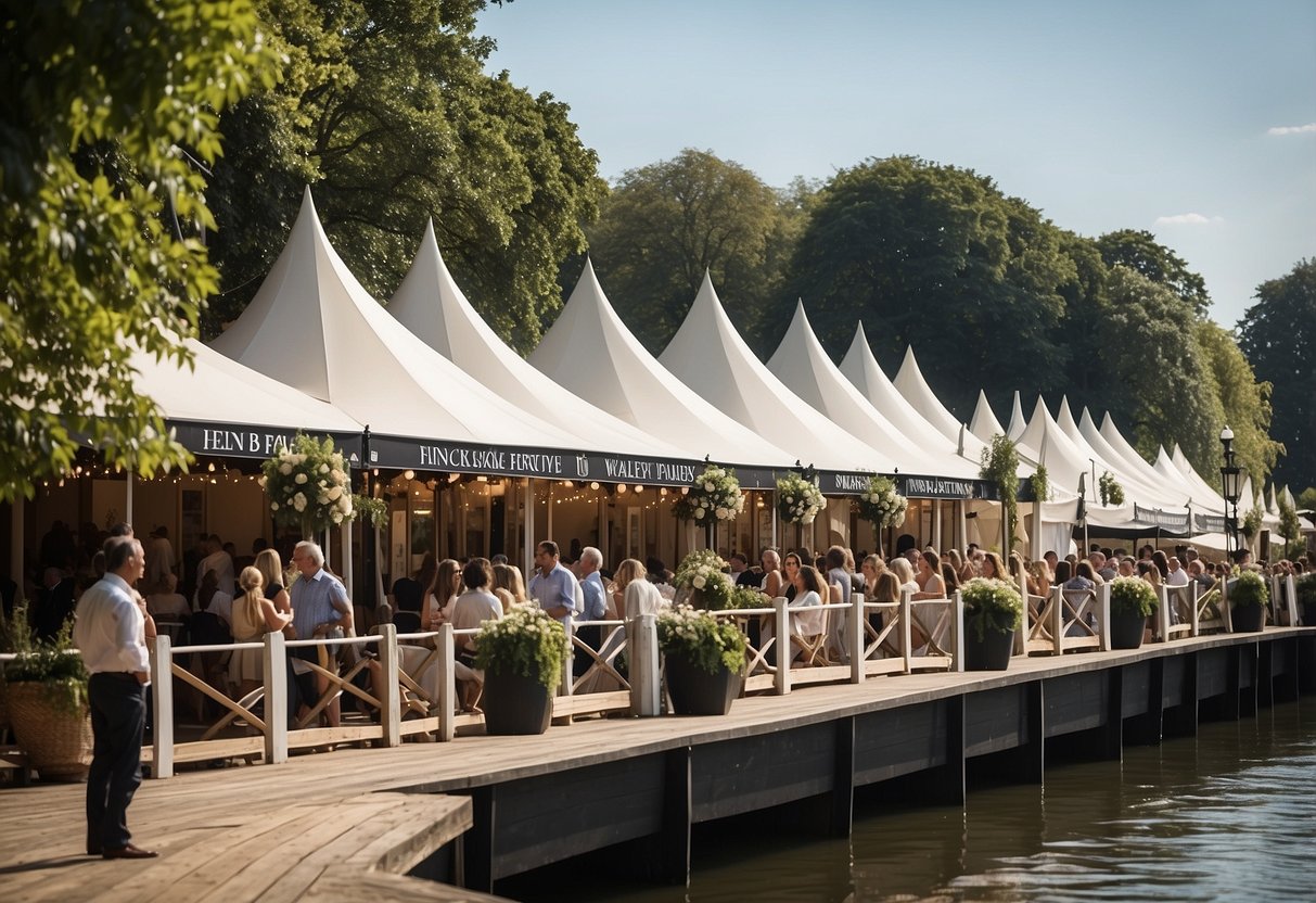 The Henley Festival venue is a picturesque riverside setting with elegant marquees and stages. Ticketing information is displayed at the entrance and online