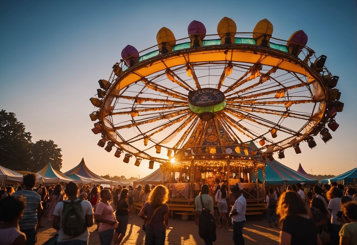 A colorful, lively riverside festival with music, art, and food stalls. The sun sets over the water as people enjoy the entertainment