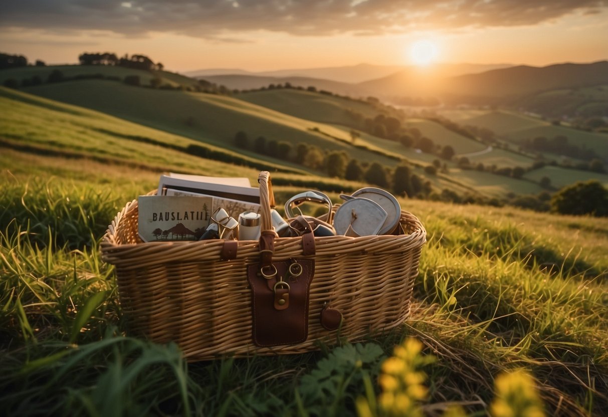 The sun rises over rolling green hills, casting a warm glow on winding country roads and quaint villages nestled among the trees. A map and picnic basket sit ready for a day of exploration