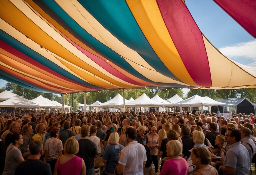 Crowds gather under colorful tents at the Henley Literary Festival. Authors speak on stage, while attendees browse books and enjoy live music