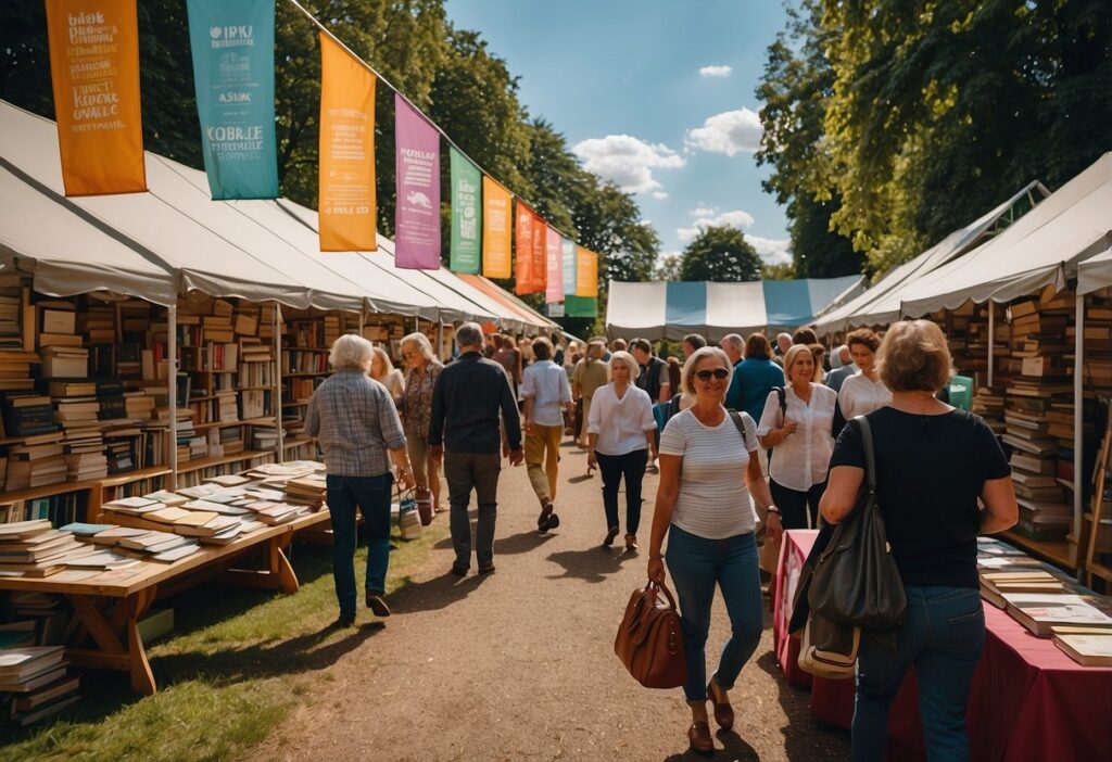 Attendees browsing book stalls at Henley Literary Festival, surrounded by colorful banners and a bustling atmosphere