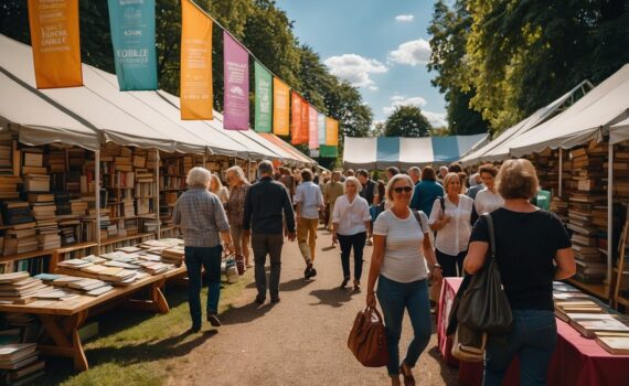 Attendees browsing book stalls at Henley Literary Festival, surrounded by colorful banners and a bustling atmosphere