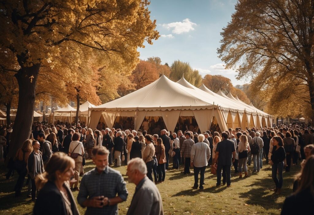 The bustling festival tents line the riverbank, as authors and readers mingle under the autumn sun. Laughter and chatter fill the air as the literary world comes alive