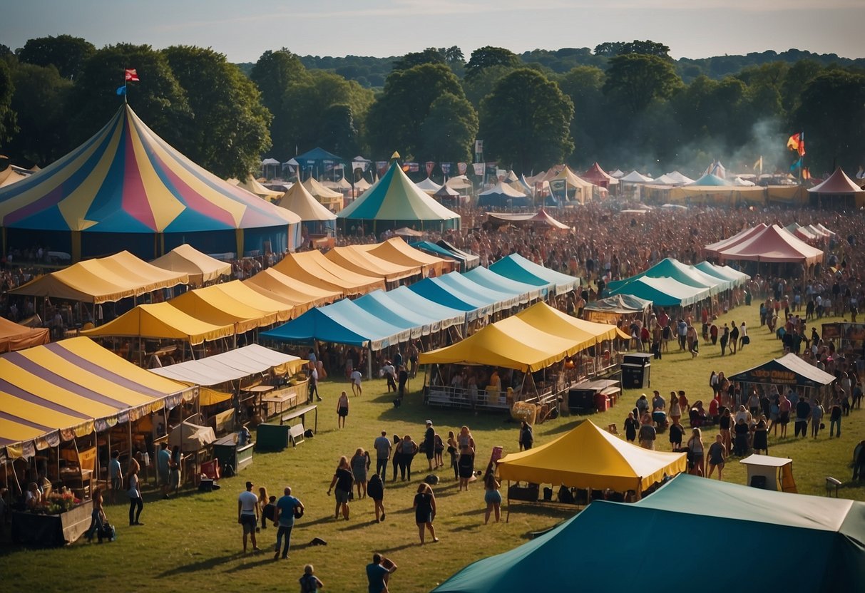 Colorful tents and stages sprawl across a grassy field. Crowds move between food stalls and carnival rides. Music fills the air at Rewind Festival Henley