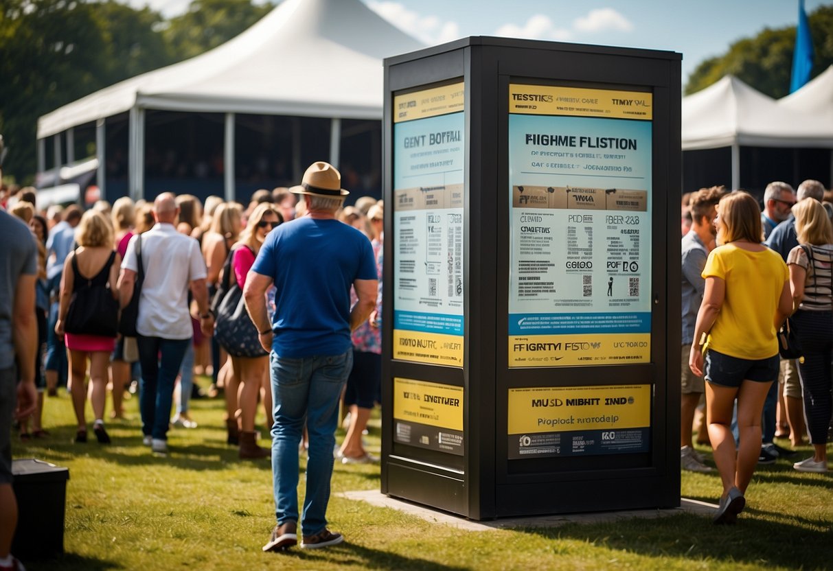 Crowds gather around ticket booth at Rewind Festival Henley. Bright banners and signs display ticket prices and event information. Excitement fills the air as people line up to purchase their tickets