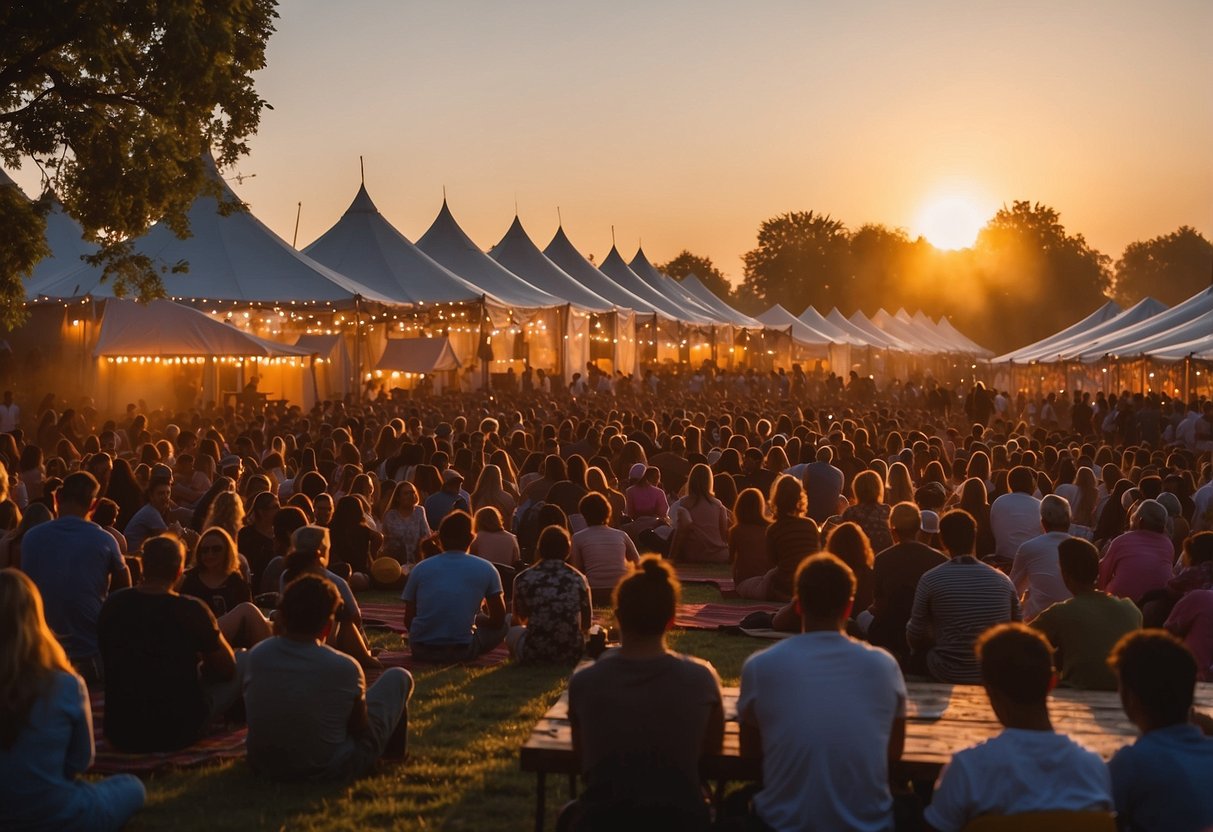 The sun sets behind a stage, casting a warm glow over the crowd. Colorful tents and food stalls line the festival grounds, as music fills the air