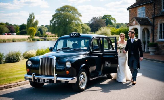 A classic black taxi pulls up to a picturesque riverside venue in Henley-on-Thames, ready to transport the happy couple on their special day. The sun is shining, and the taxi driver is smiling as they open the door for the bride and groom