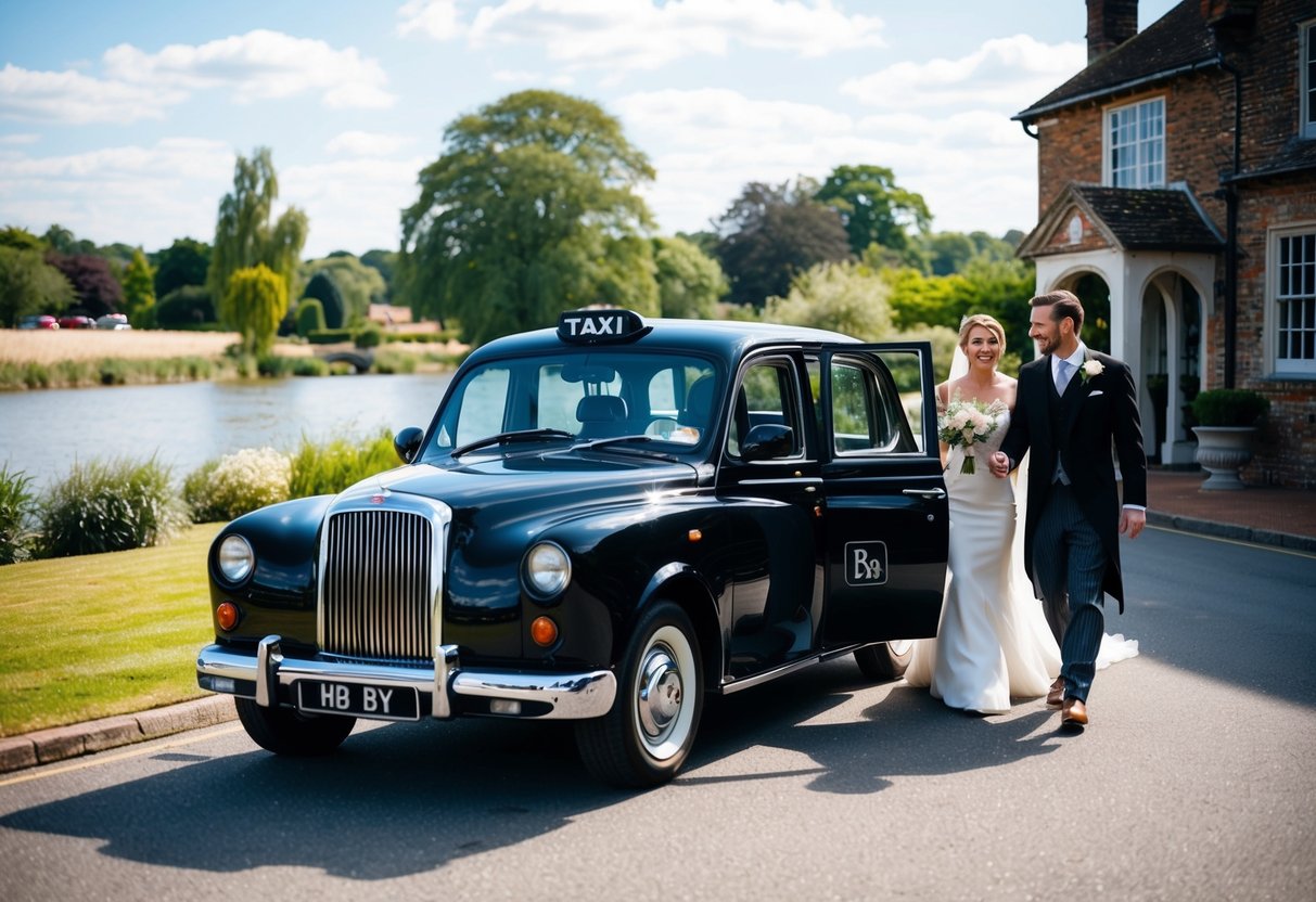 A classic black taxi pulls up to a picturesque riverside venue in Henley-on-Thames, ready to transport the happy couple on their special day. The sun is shining, and the taxi driver is smiling as they open the door for the bride and groom