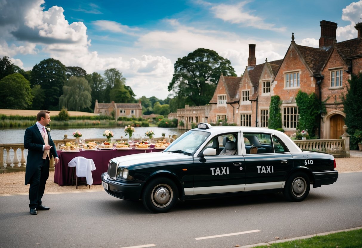 A taxi pulls up to a picturesque wedding venue in Henley-on-Thames. The driver opens the door, revealing a spread of delectable culinary delights waiting to be served at the reception