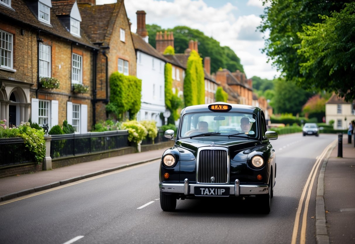 A traditional English taxi driving through the picturesque town of Henley-on-Thames, passing by charming old buildings and lush greenery