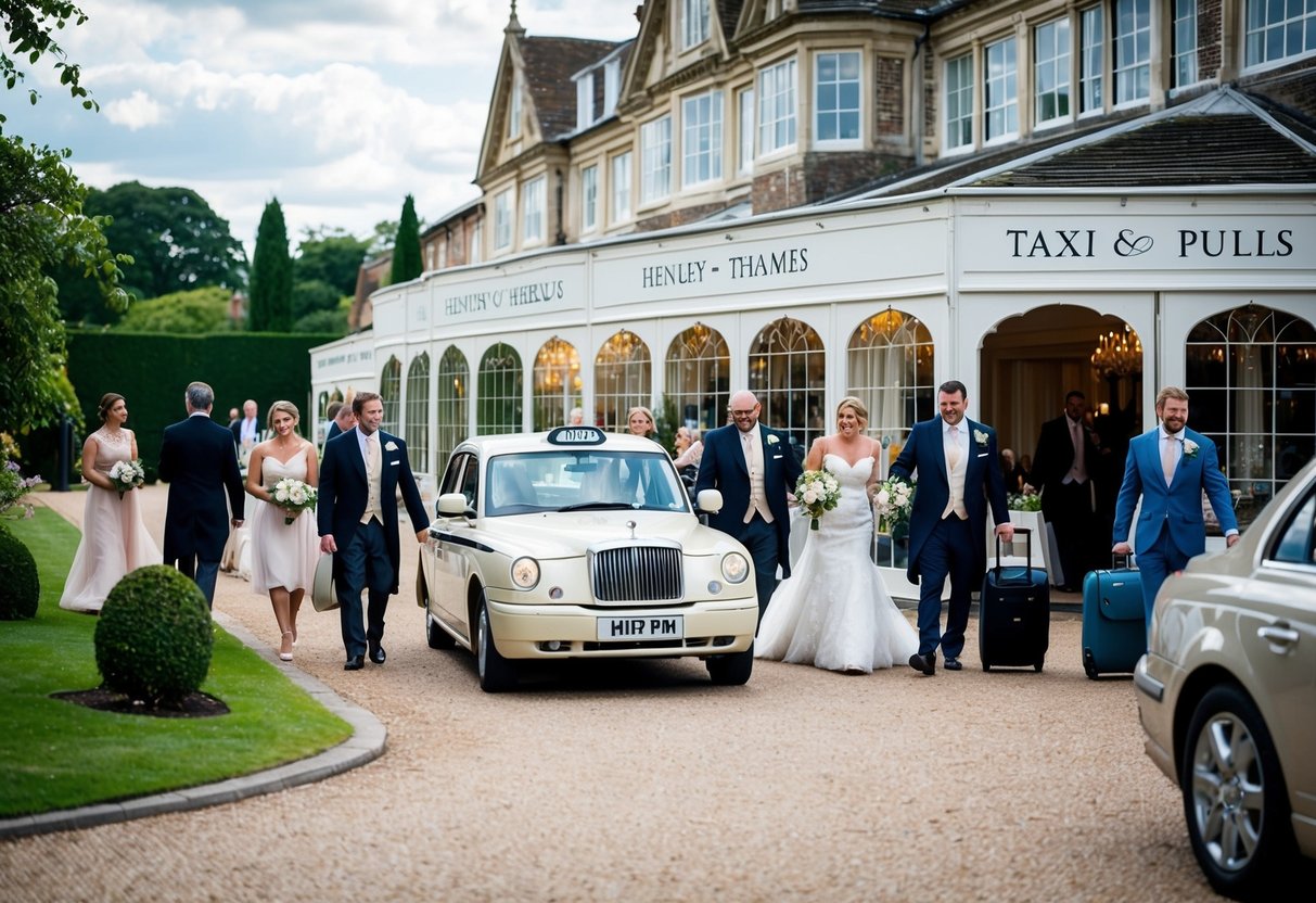 A taxi pulls up to a grand wedding venue in Henley-on-Thames, with the bride and groom's names displayed on the marquee. Guests arrive and are greeted by the friendly driver, who helps them with their luggage and escorts them inside