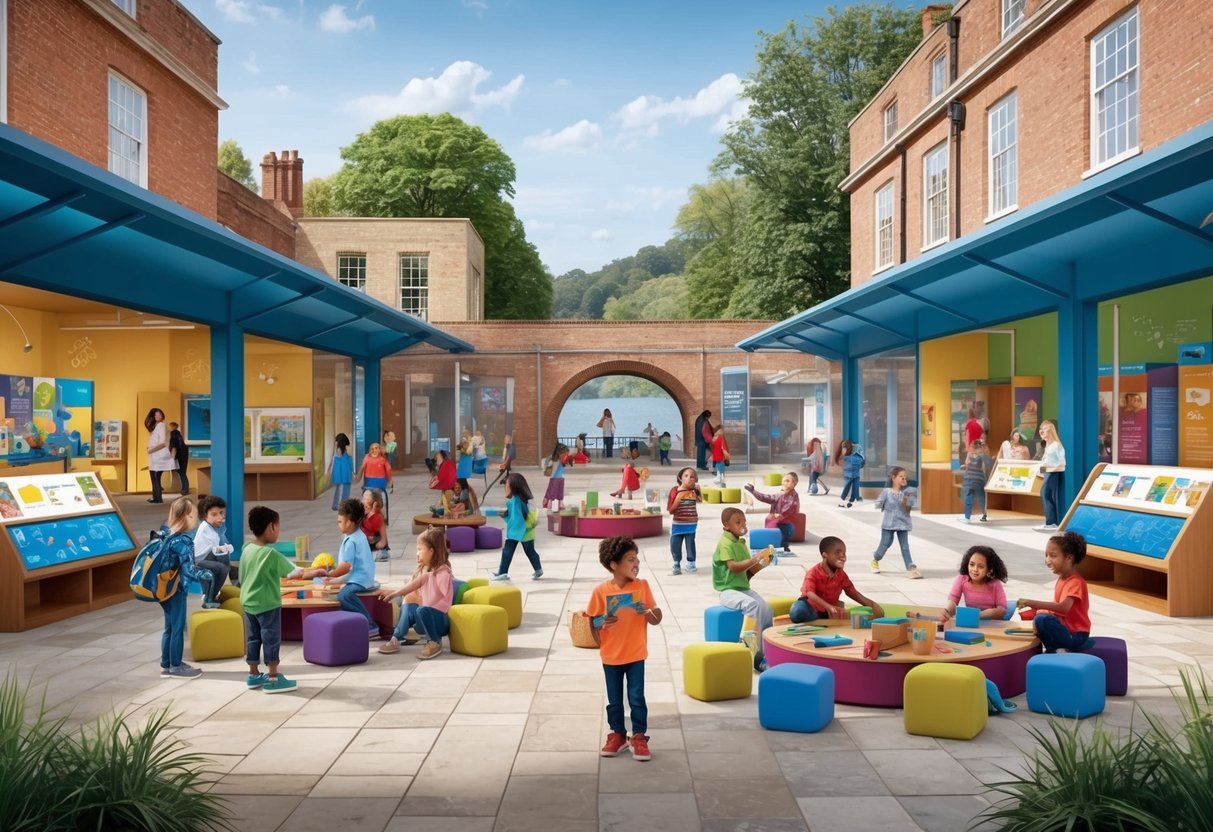 A bustling museum courtyard with children engaged in educational activities, surrounded by interactive exhibits and resources, set against the scenic backdrop of the Henley river