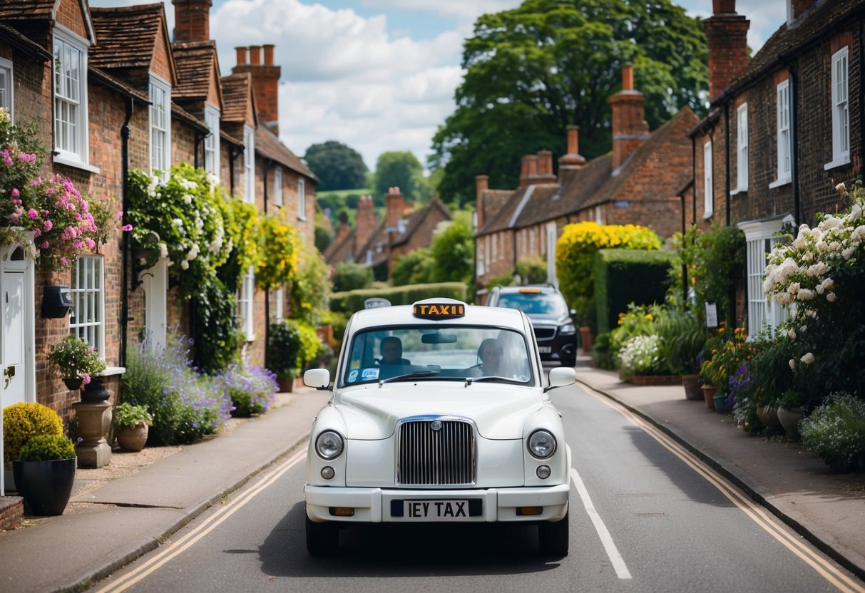 A white taxi drives through the picturesque streets of Henley-on-Thames, passing by quaint cottages and blooming gardens, on its way to a charming wedding venue