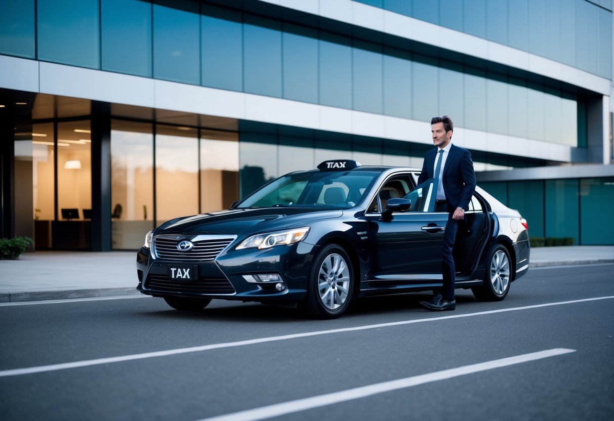 A sleek taxi pulls up to a modern office building, with a professional getting out and confidently heading inside for a business meeting