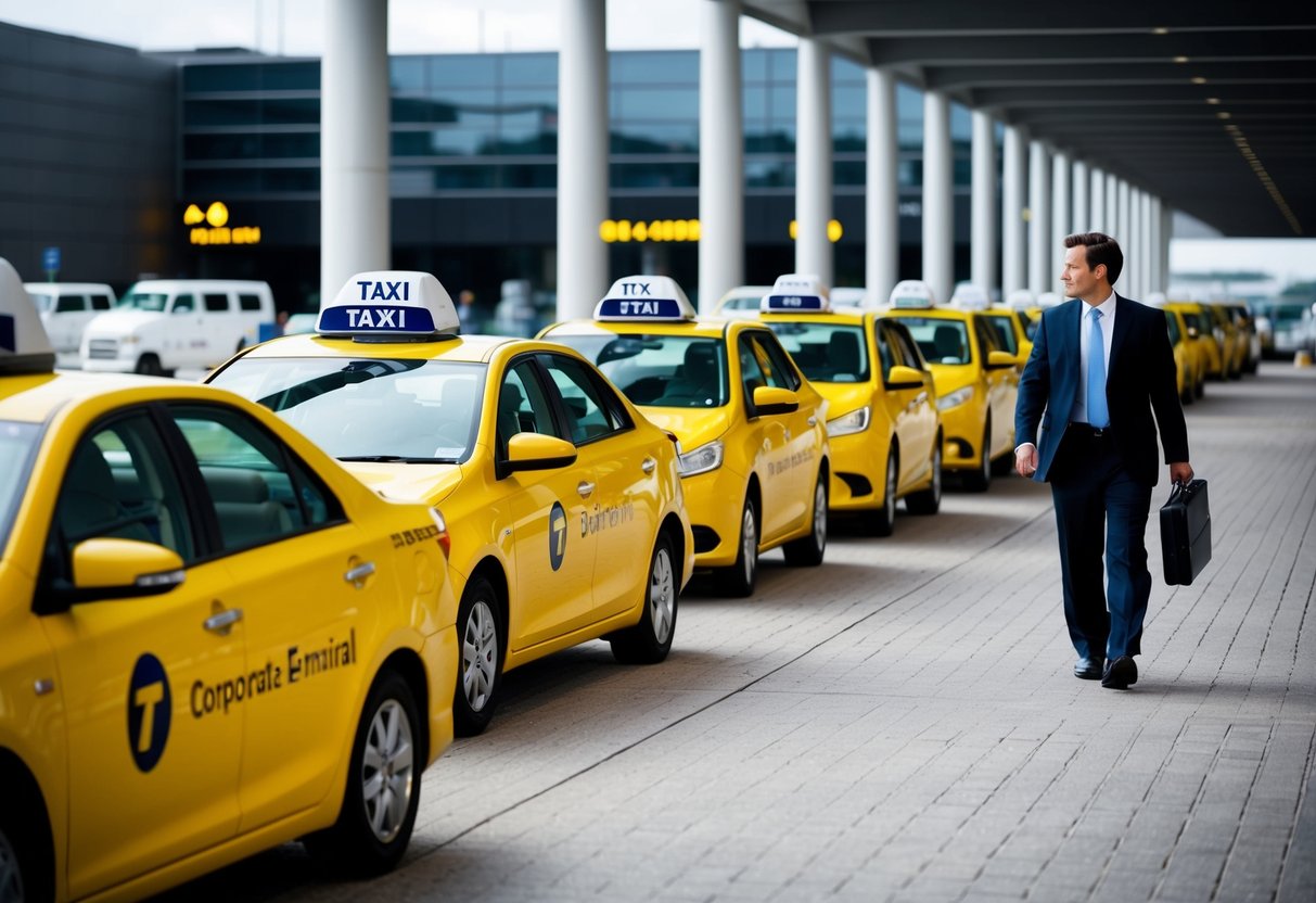 A row of taxis waiting outside an airport terminal, with a corporate logo on each vehicle. A businessman approaches one of the taxis with a briefcase in hand