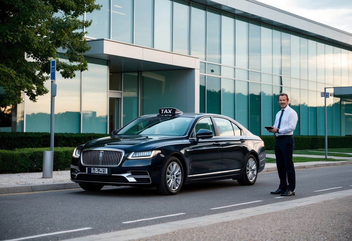 A sleek taxi pulls up to a modern office building in Henley-on-Thames, with a professional driver standing by to assist corporate travelers