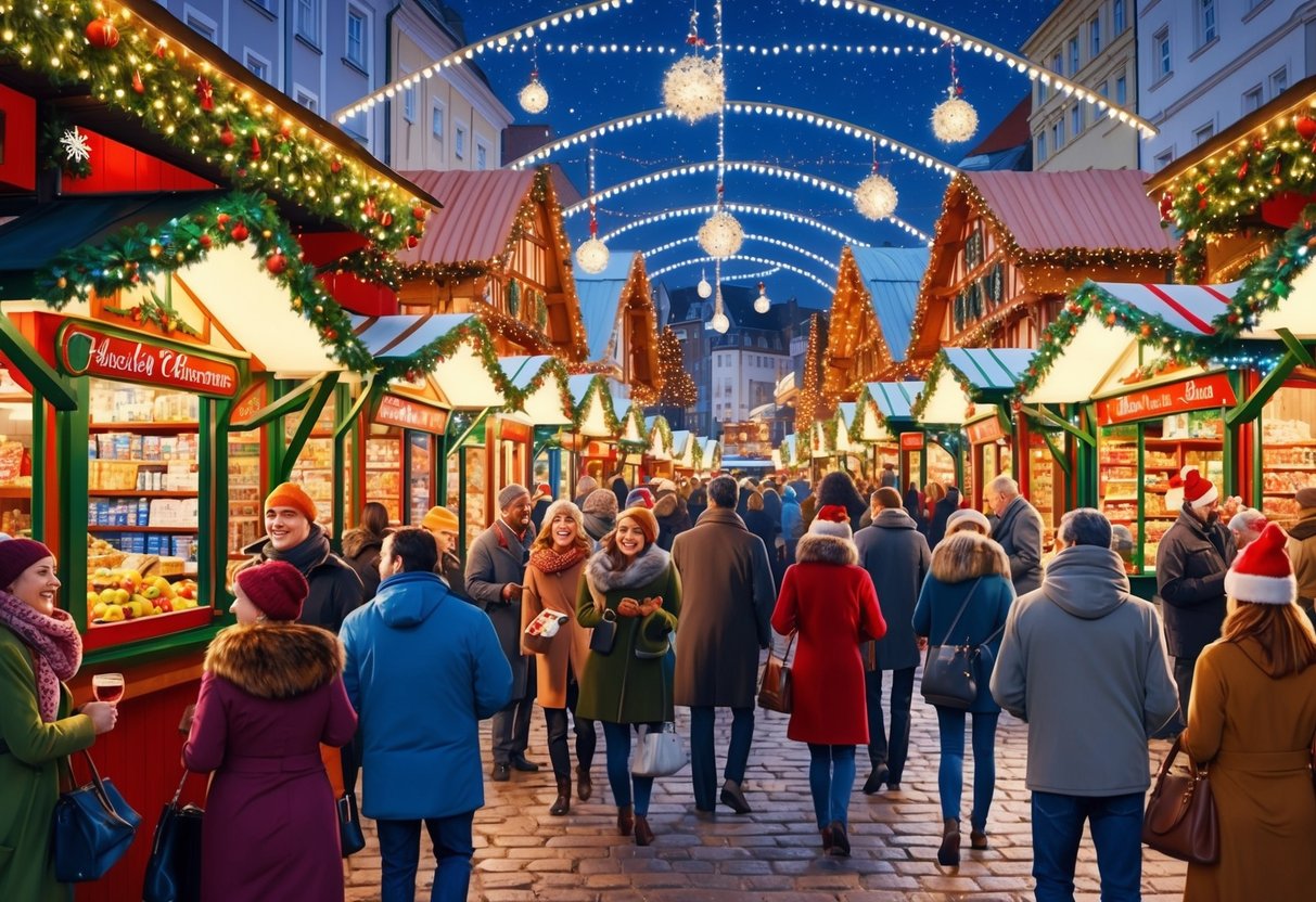 A bustling Christmas market with colorful stalls, twinkling lights, and festive decorations. Crowds of people browse and socialize, while the scent of mulled wine and roasted chestnuts fills the air