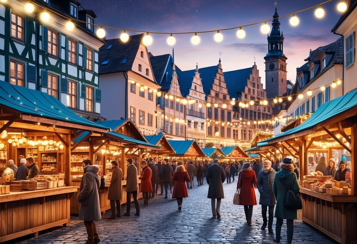 A festive market with twinkling lights, wooden stalls, and bustling crowds in the historic town square