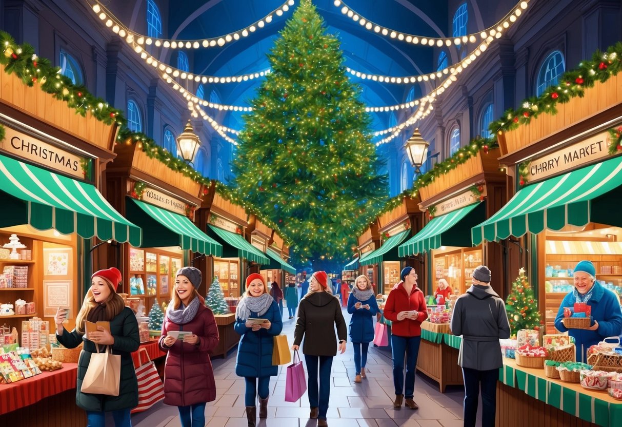 A bustling market with festive stalls, twinkling lights, and a large Christmas tree. Shoppers browse handmade crafts and seasonal treats while carolers sing in the background