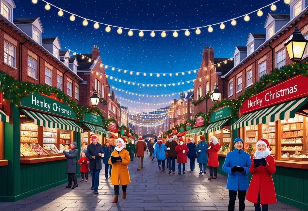 The bustling Henley Christmas Market features festive stalls, twinkling lights, and joyful carolers, creating a merry holiday atmosphere