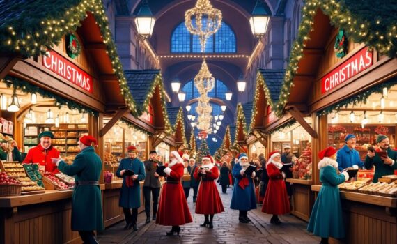 A bustling Christmas market with festive stalls, twinkling lights, and joyful carolers