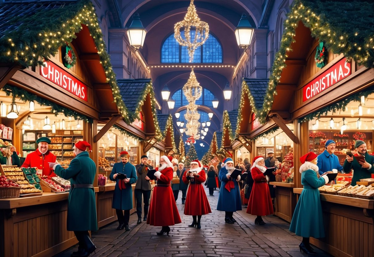 A bustling Christmas market with festive stalls, twinkling lights, and joyful carolers